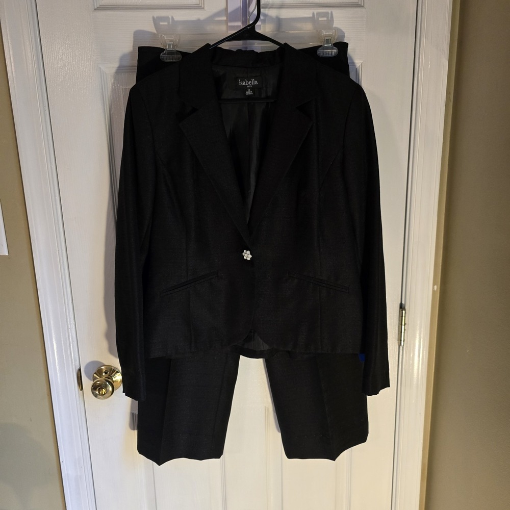 Isabella Suits Womens Black 2 Piece Pant Suit Size 12 Rhinestone Button Blazer